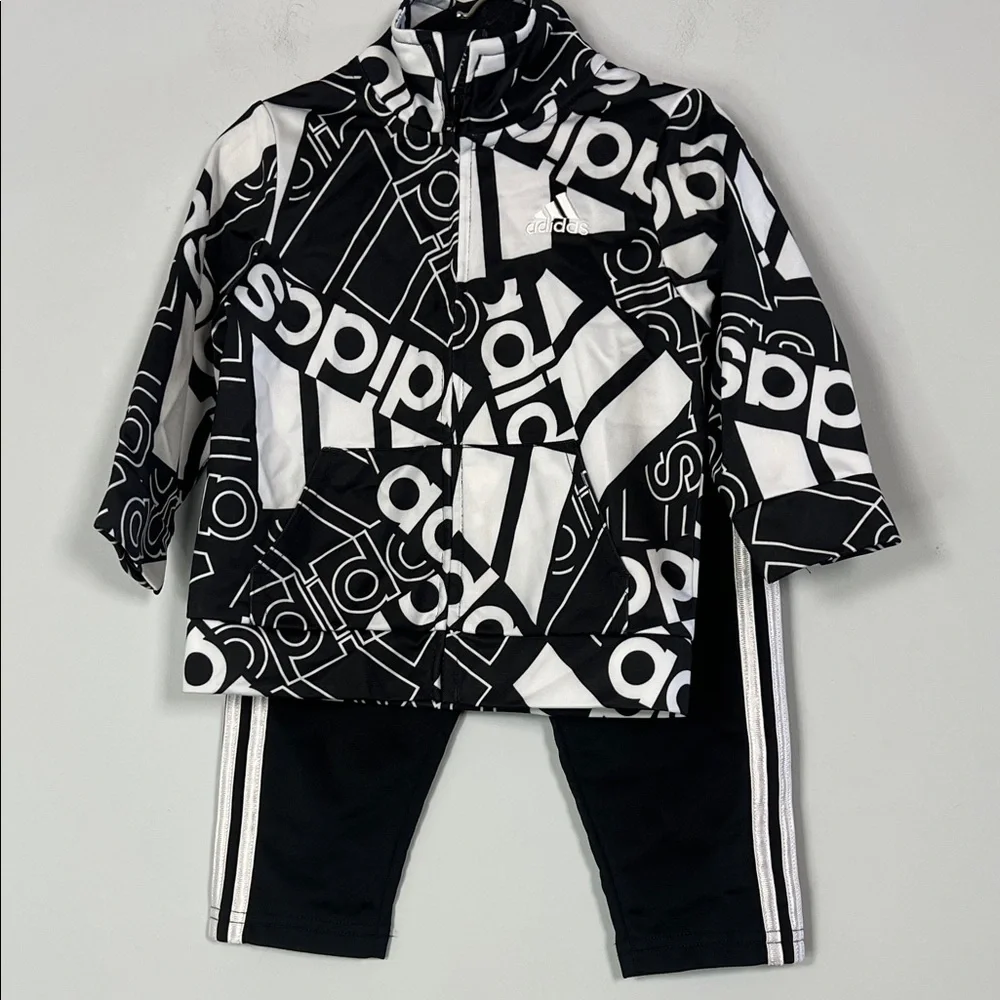 Adidas Kids Monochrome Graphic Black White Matching Tracksuit Jacket Pants 12 Mo